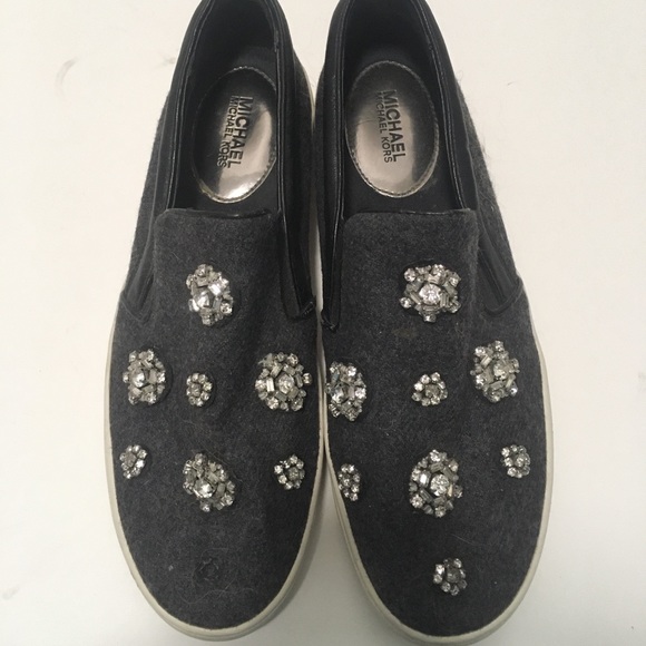 Women's Michael Kors Keaton Silver Jewel Crystal Slip On Sneaker Size 7 - Picture 1 of 5